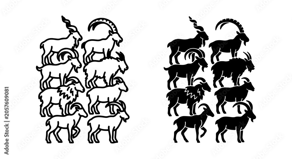 Obraz premium Goat icon set, outline and solid, white background, vector illustration