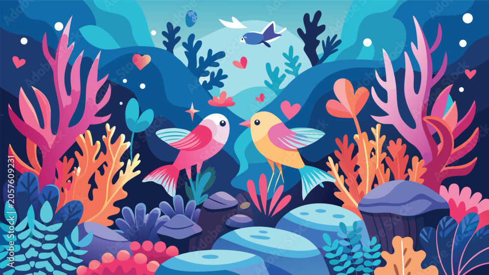 Fototapeta premium Two birds perched on a rock, surrounded by lush plants and water, creating a serene natural scene