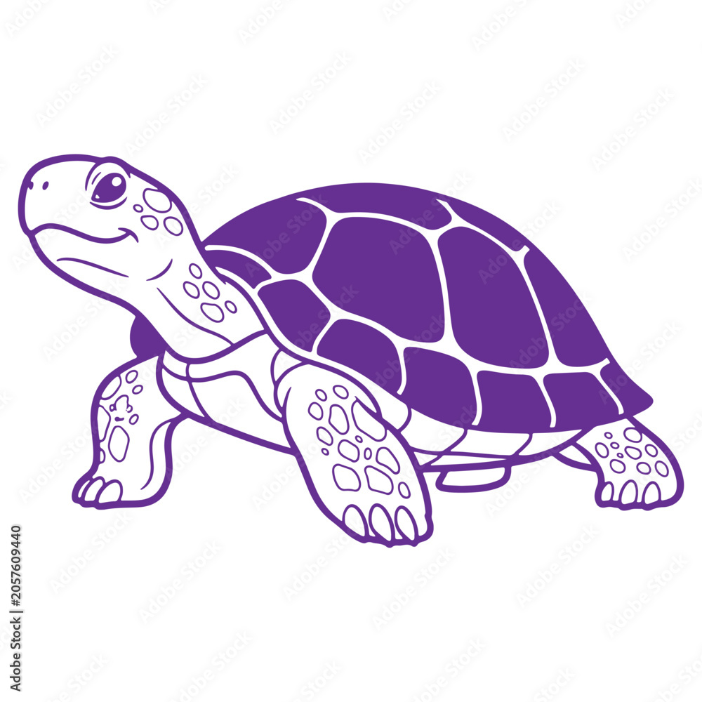 Fototapeta premium Purple outline illustration of a turtle with a large shell and flippers on transparent background