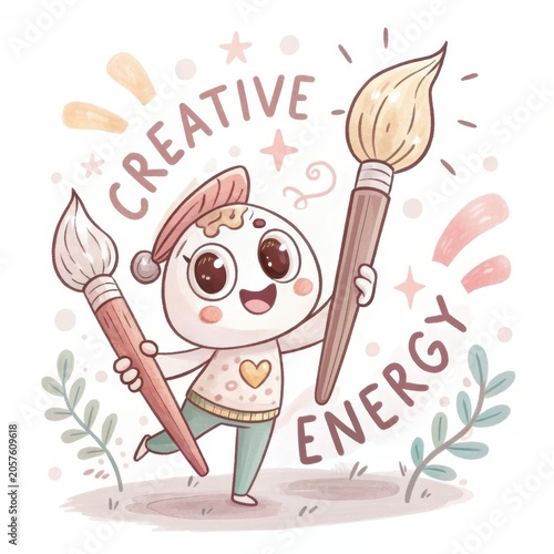 Cute Character Expressing Creative Energy with Paintbrushes and Joy