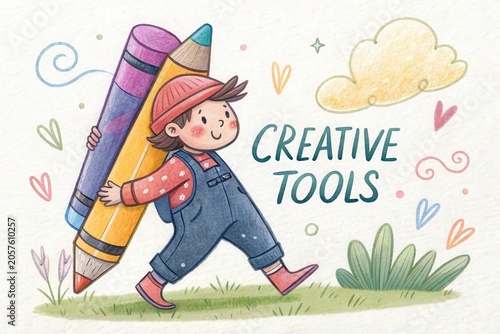 Happy Child Carrying Colorful Crayons and Drawing Tools Outdoors