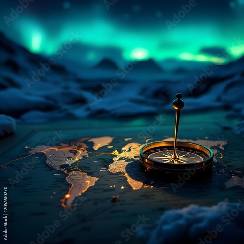 Magnetic compass and location marking with a pin on routes on the world map. Adventure, discovery, navigation, communication, logistics, geography, transport, and travel theme concept background