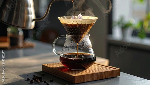 Hot Brewed Coffee Pouring into Glass Carafe with Steam Rising