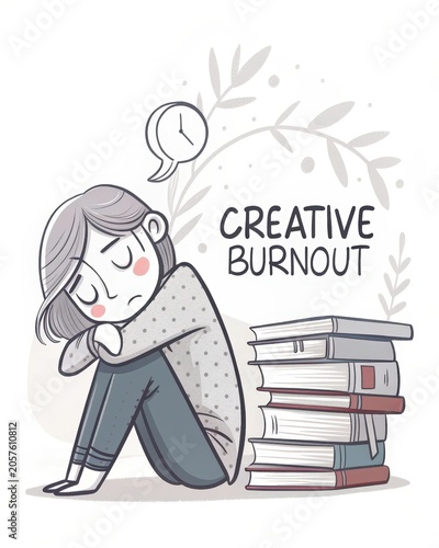 Young Woman Experiencing Creative Burnout with Stack of Books