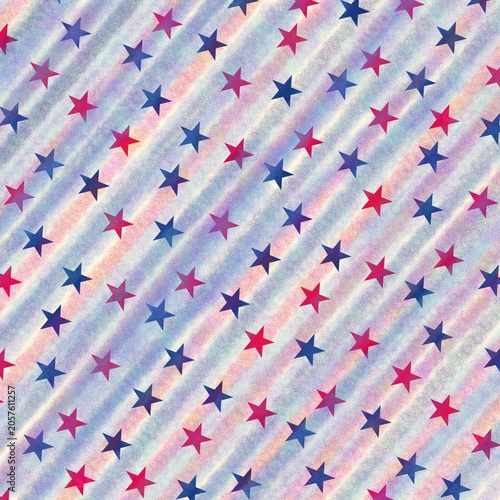 Obraz na plátně Seamless patriotic pattern featuring red and blue stars scattered over soft diagonal stripes in faded red, white and blue tones