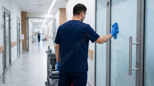  Rear view of male hospital janitor wiping glass door in a modern clinic corridor. Healthcare cleaning service concept