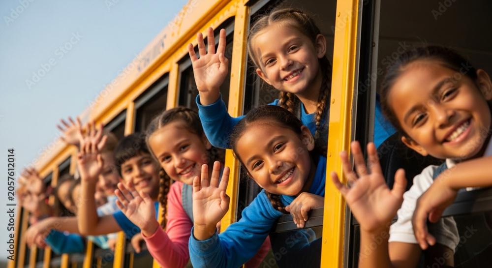 Fototapeta premium Happy school children waving from a yellow school bus