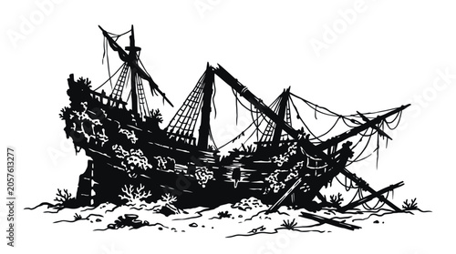 Vintage shipwreck silhouette vector, sunken pirate ship on ocean floor, abandoned wooden galleon wreck with broken masts and coral