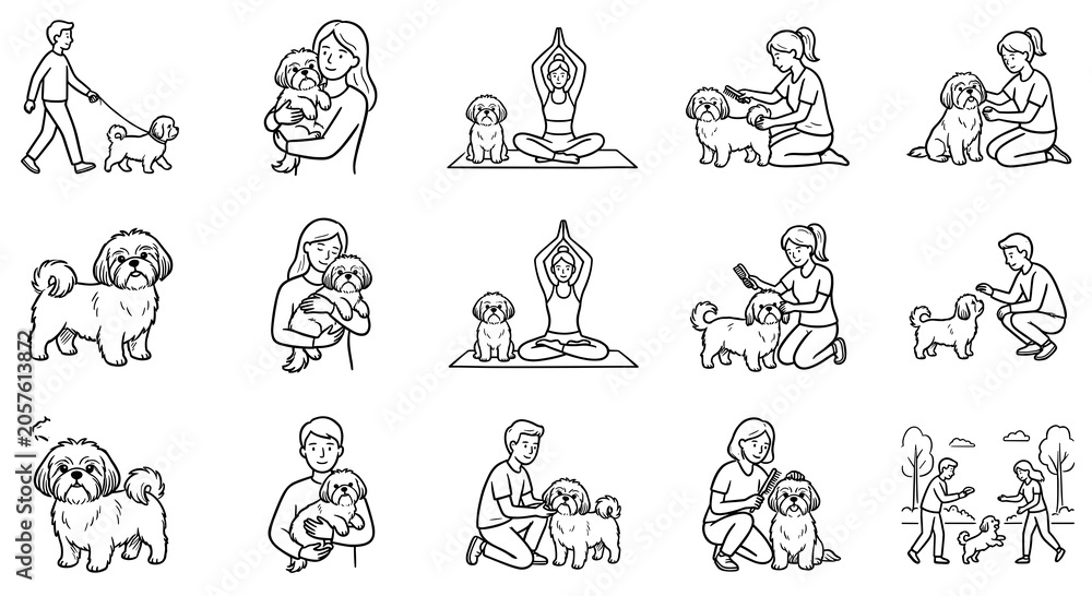 Fototapeta premium Minimalist shih tzu vector line art outline bundle showing happy owners doing yoga walking grooming and cuddling dogs for pet lifestyle illustrations