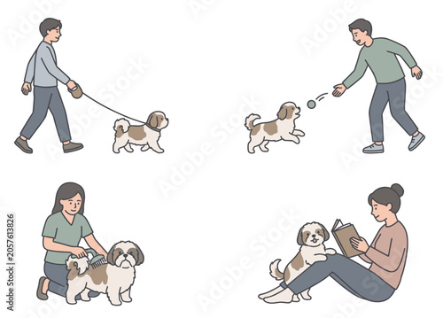 Shih Tzu Vector Illustration Set, Pet Owner Daily Routine Concepts, Man and Woman Walking, Playing, Grooming, and Relaxing with Cute Dog Graphic Elements.