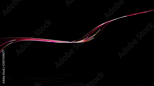 Splendid and high-quality neon fiber optic data highway looping motion graphics. Features glowing neon pink, cyan, and emerald fiber optic light trails running horizontally over a polished dark 