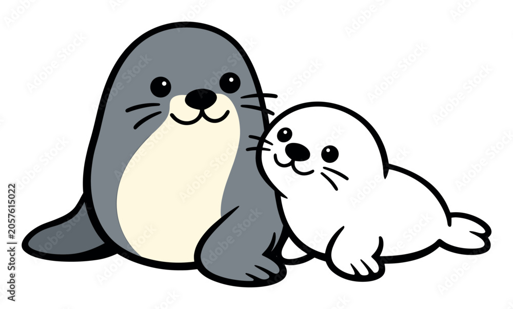 Fototapeta premium Cute cartoon seals. Adult marine animal and pup illustrating family love, parenthood, connection, and childhood