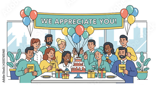 A diverse team celebrates Boss's Day with a cake and gifts in an office setting