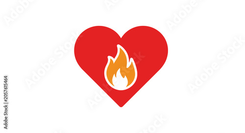 Minimalist red heart icon with flame on white background