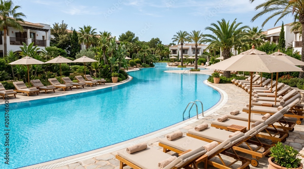 Fototapeta premium Luxury Resort Swimming Pool with Sunbeds, Summer Vacation Travel made by AI generative