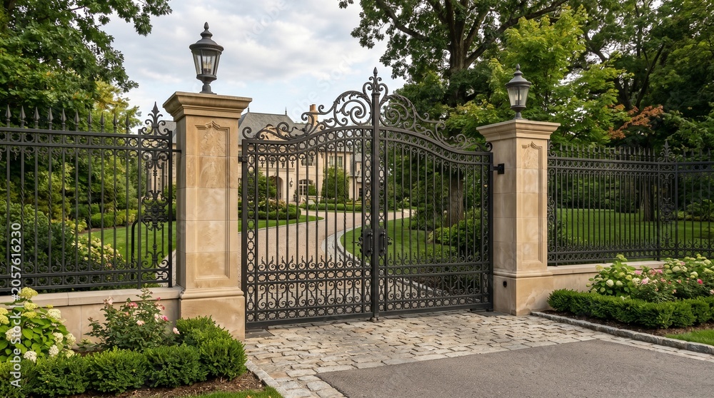 Fototapeta premium Luxury Mansion Gate and Estate Entrance with Iron Fence, Wealth Property made by AI generative