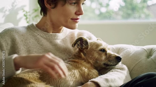 A gender-neutral person gently strokes a small dog on a plush sofa in a sunlit, minimalist living space, with creamy bokeh and soft natural light, fostering mutual affection and deep connection.