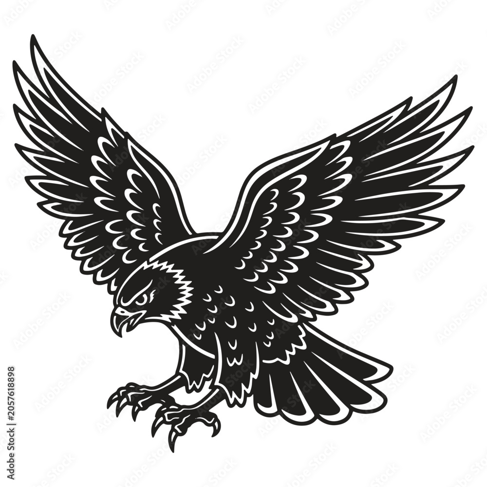 Obraz premium Aggressive eagle in flight with sharp claws and outstretched wings in monochrome graphic illustration isolated on transparent background