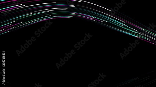 Splendid and high-quality neon cyber lightspeed stream wave looping motion graphics. Features glowing neon pink, cyan, and emerald fiber optic light trails running horizontally over a polished dark 