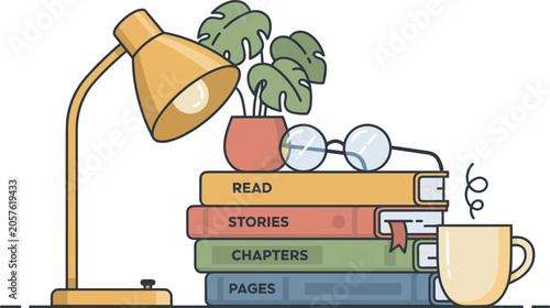 Stack of books with lamp plant and coffee cup isolated on white background