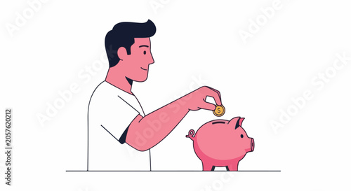 A man deposits a coin into a pink piggy bank, saving money