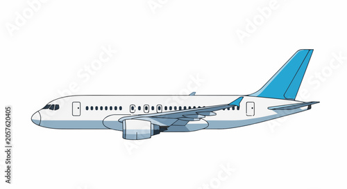 A side view illustration of a white passenger jet with blue accents on its tail and wingtips