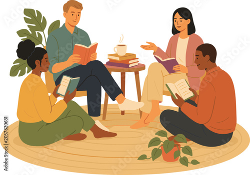 Fotografie Four people sitting on a rug reading books together isolated on white background