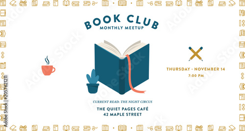 Book club monthly meetup poster with book and coffee