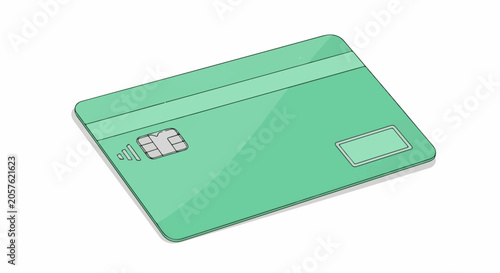A minimalist, green credit card with a chip and contactless payment symbol, isolated on white