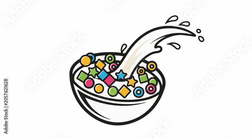 Colorful cereal shapes and milk splash in a bowl
