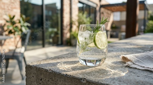 Refreshing Gin and Tonic Cocktail with Lime and Rosemary on Sunny Patio