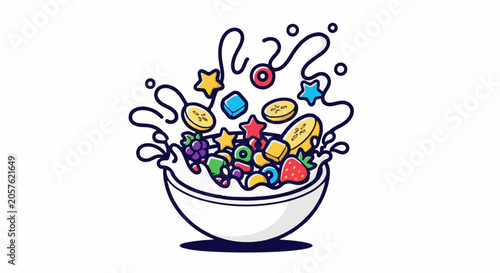 A white bowl overflows with colorful cereal pieces and fruit, splashing milk