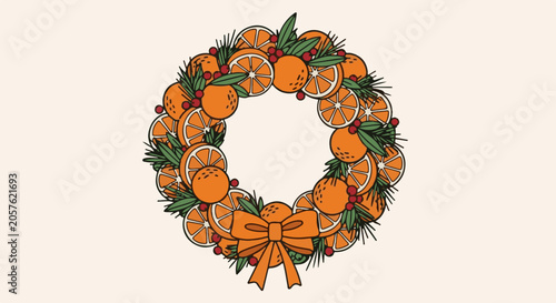 A festive wreath adorns a plain background, crafted with oranges, berries, and greenery, tied with a bow