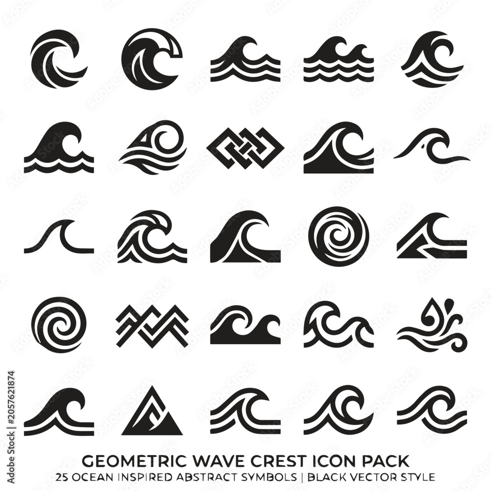 Obraz premium Set of geometric wave crest icons and water surface symbols with abstract