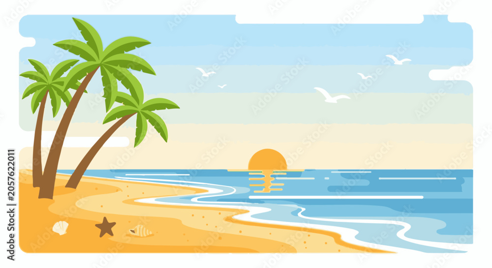 Obraz premium A serene beach scene with palm trees, a sandy shore, ocean waves, and a setting sun