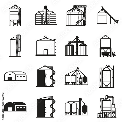 Collection of agricultural grain silo and storage icons with agriculture