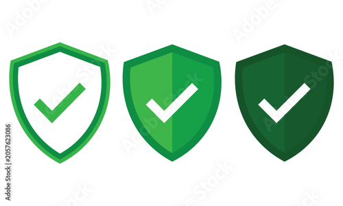 Set of three green shield icons with check marks