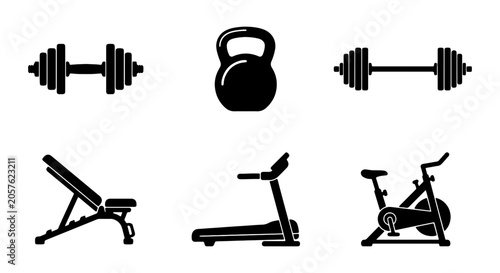 Fotografía Fitness Equipment Icons: Dumbbells, Kettlebell, Bench, Treadmill, Exercise Bike