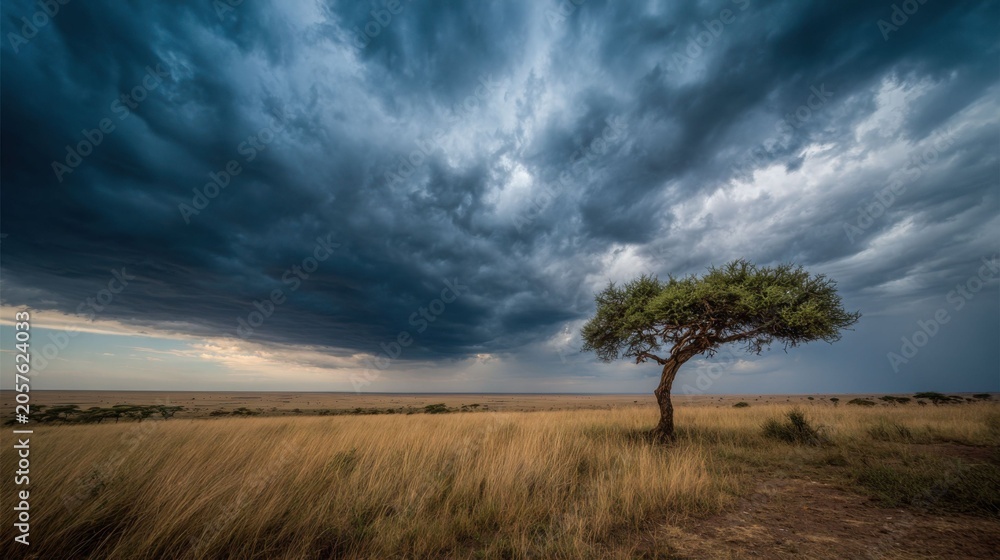 Fototapeta premium Solitary Acacia Tree stands tall against a dramatic, storm-laden sky in the vast African savanna landscape