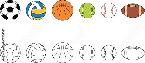 Set of colored and outline sports ball including soccer, basketball, and football