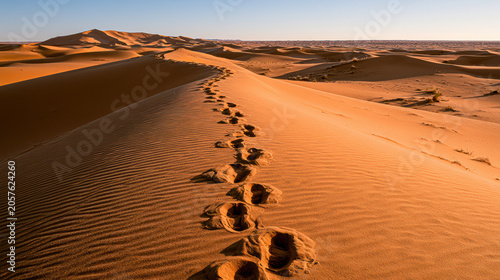 A vast desert landscape with sand dunes and a single line of footprints leading into the distance under a clear sky.