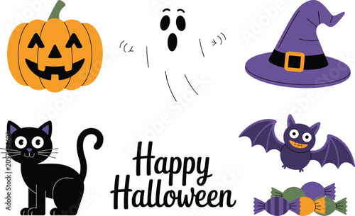 Halloween set with jack-o'-lantern, ghost, witch hat, black cat, bat, and candy