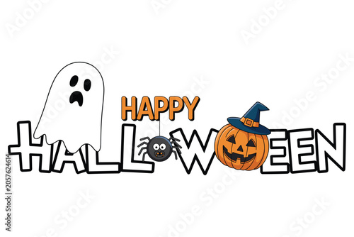 Happy halloween text with ghost, hanging spider, and jack-o'-lantern