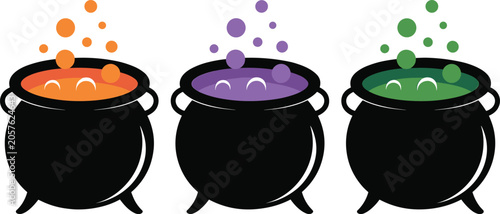 Three black cauldrons with bubbling orange, purple, and green potions