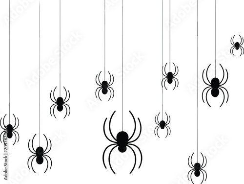Black spiders hanging from threads on a white background