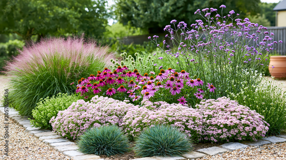 Obraz premium Colorful flowering plants and lush ornamental grasses thriving in a well designed garden, bringing biodiversity, summer vibrancy, and natural beauty to an outdoor space