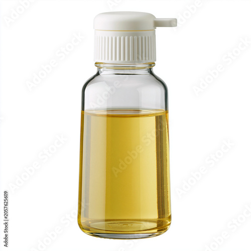 Clear glass bottle filled with yellow liquid stands alone against a plain white background with a white plastic dispenser cap