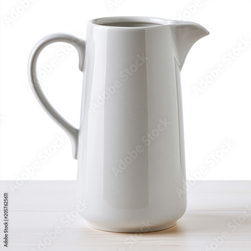 Minimalist white ceramic pitcher with a smooth finish stands on a light wooden surface against a clean white background