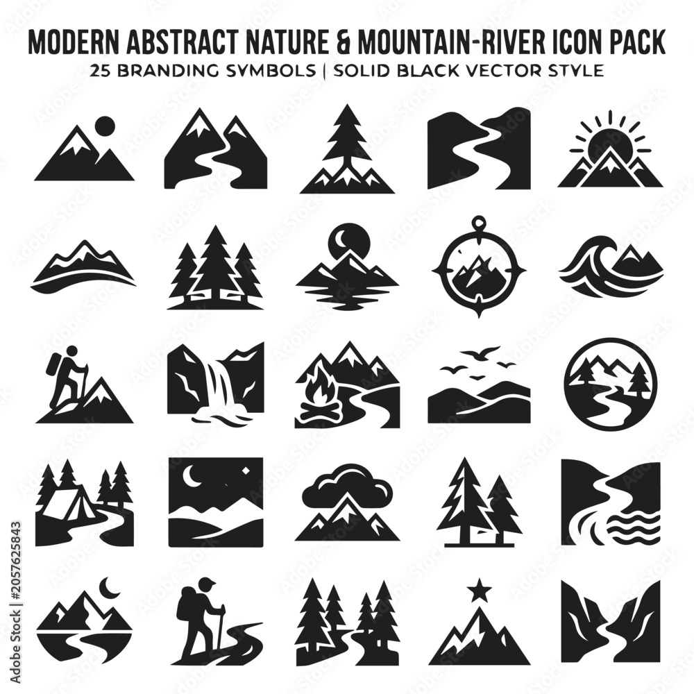 Fototapeta premium Modern abstract nature and mountain river branding icon pack with mountain