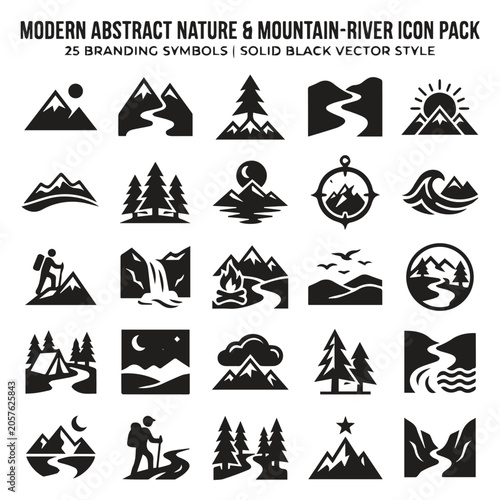 Modern abstract nature and mountain river branding icon pack with mountain